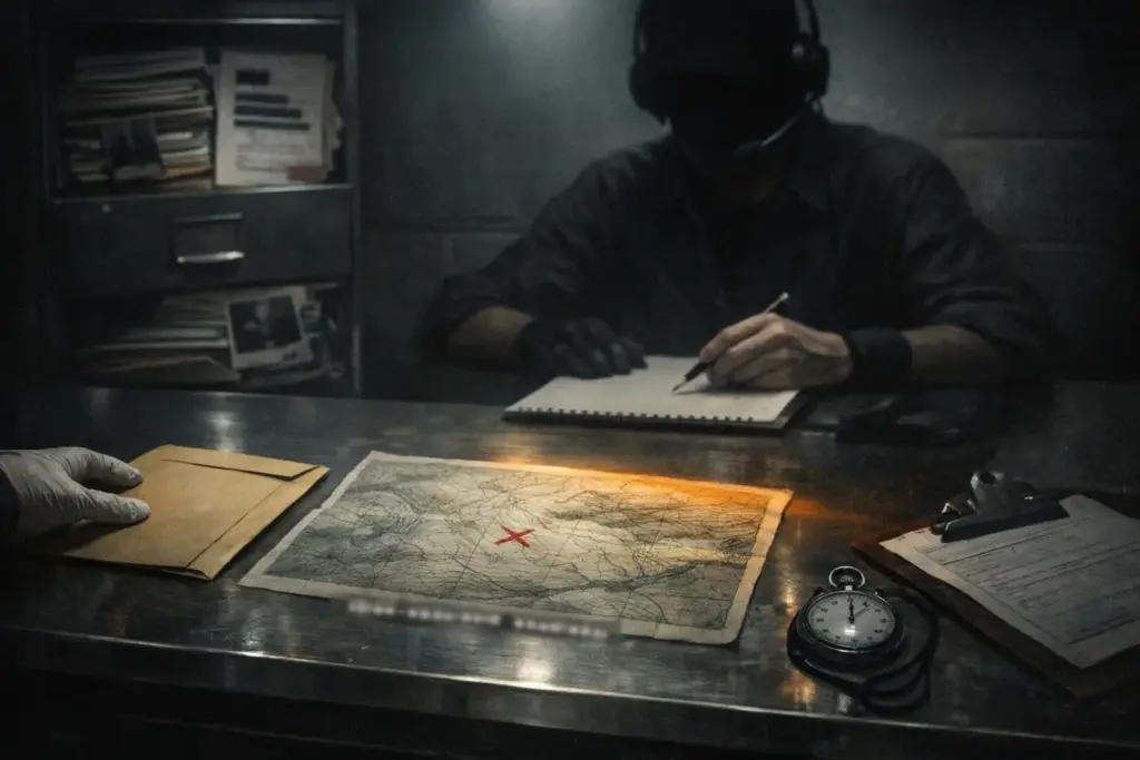 remote viewing scene with a large map on a metal table, envelopes, papers, and a seated person writing