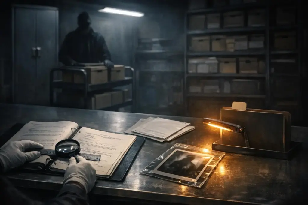 Gloved hands hold a magnifying glass over papers on a metal desk, with a warm desk light and shelves behind, roswell incident records.
