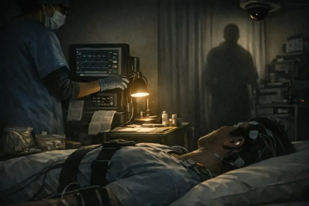 shadow people encounters scene with a person lying on a bed, a masked figure at left, a glowing monitor, and a dark silhouette by curtains