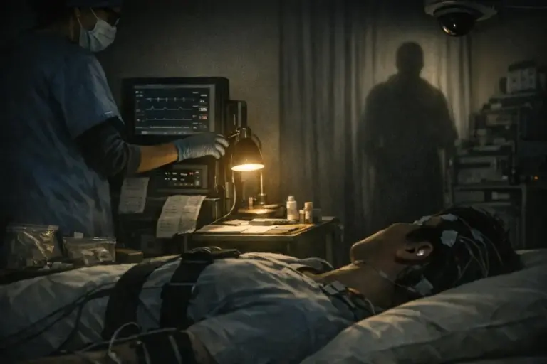 Shadow People Encounters: What the Medical Record Certifies 4 shadow people encounters scene with a person lying on a bed, a masked figure at left, a glowing monitor, and a dark silhouette by curtains