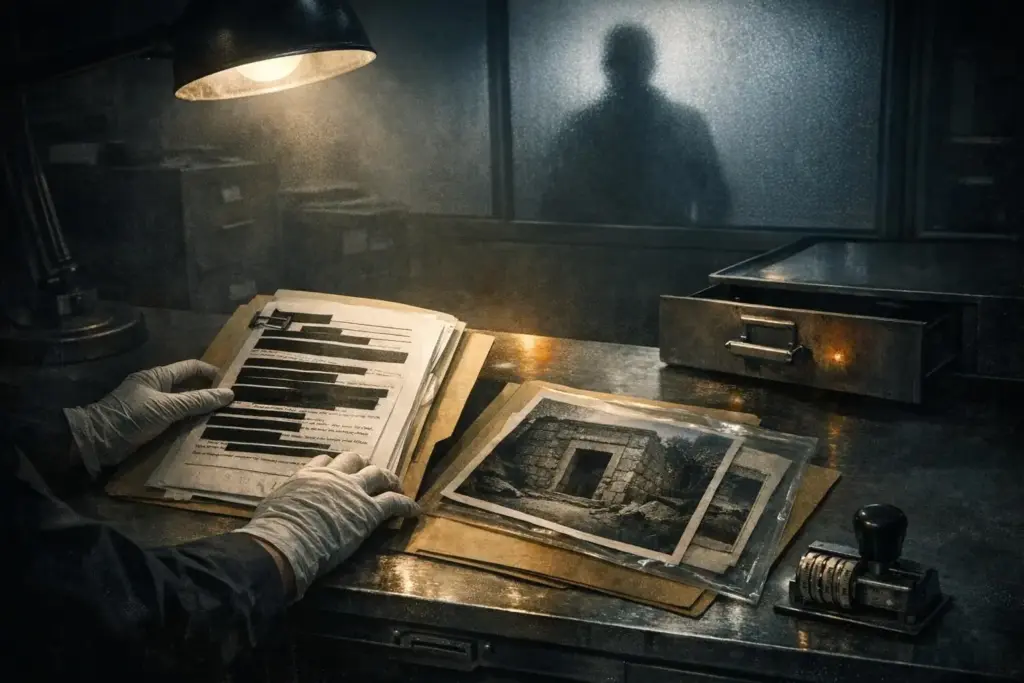 Gloved hands hold a folder of papers with black bars, beside clear sleeves with photos; skull and bones society