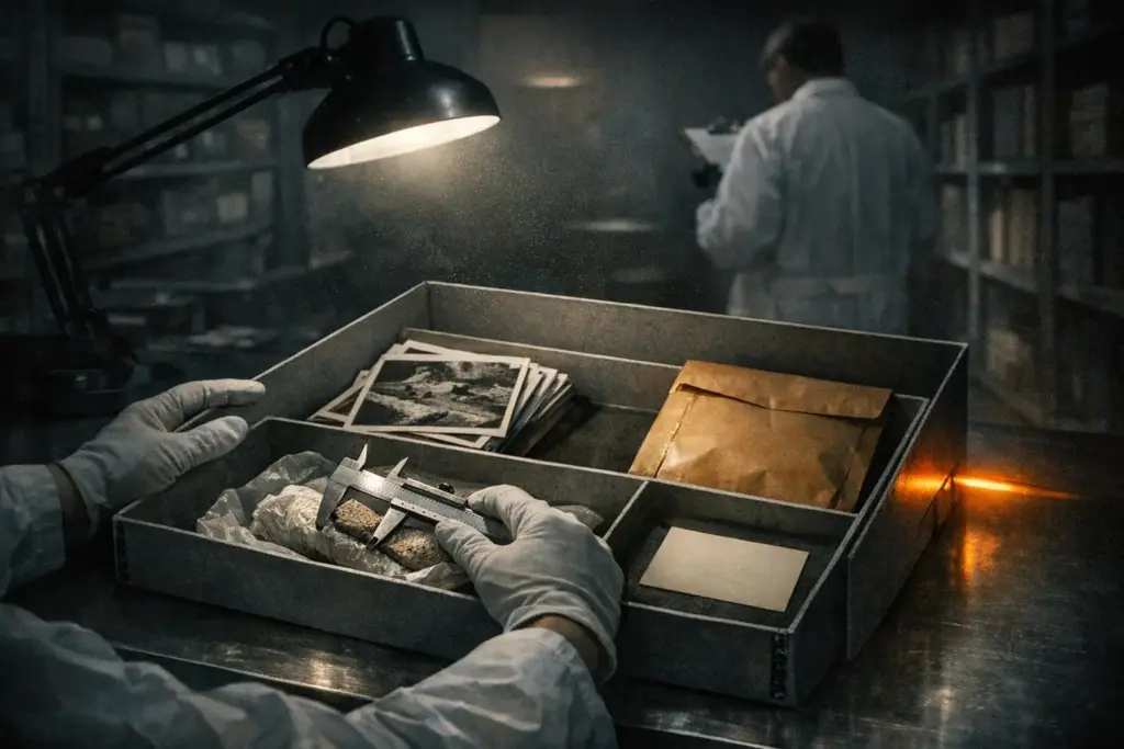 Hands in white gloves hold calipers over a gray box with photos and a brown envelope, smithsonian giants cover-up.