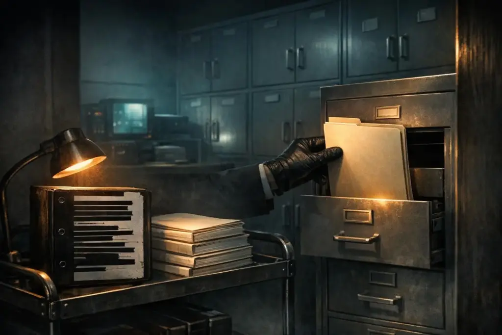 A gloved hand holds a folder near an open metal drawer, with a desk lamp, stacked papers, and cabinets; snowden nsa surveillance.