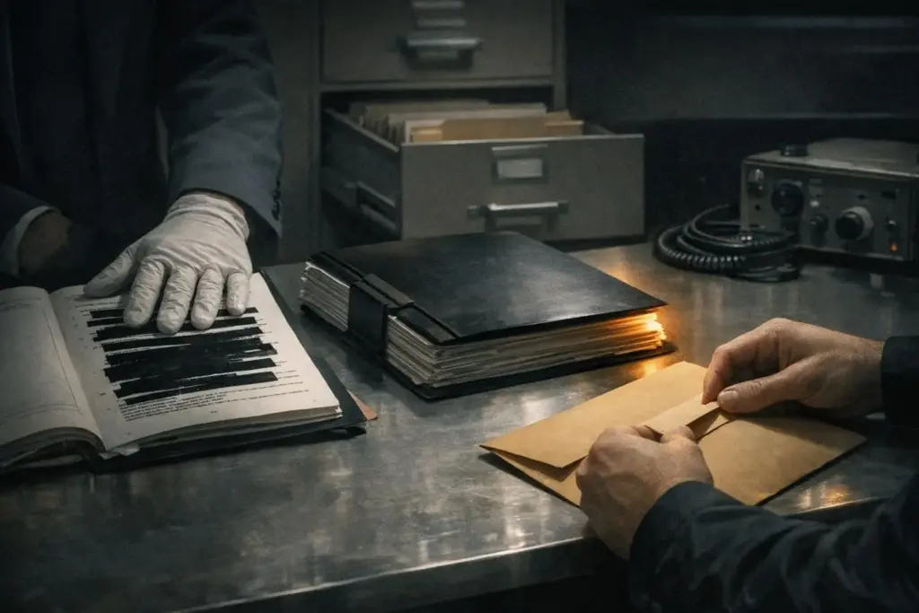 A metal desk with a binder of redacted pages, a black folder, and hands holding a tan envelope labeled suppressed inventions.