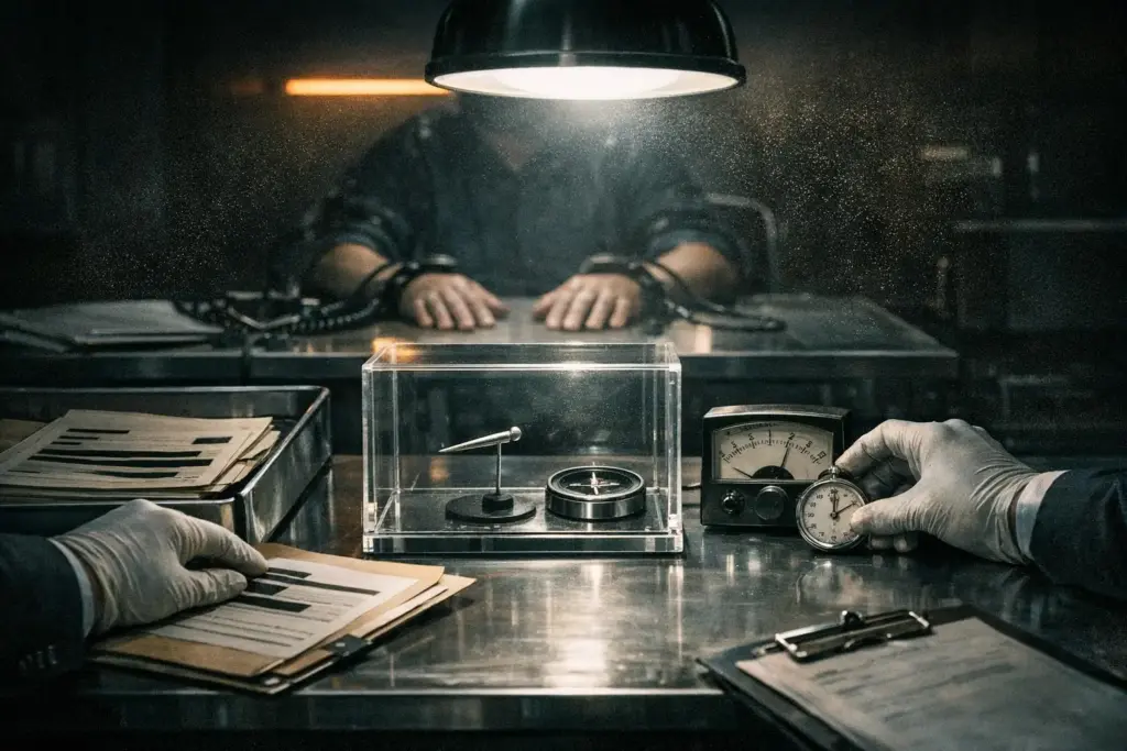 telekinesis real cases scene with gloved hands on papers, a clear display box, a dial instrument, and a hanging lamp