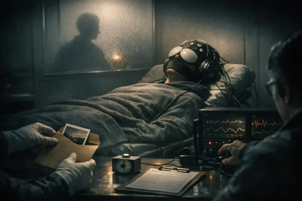 telepathy experiments scene with a person lying on a bed wearing a dark mask with round lenses and headphones.