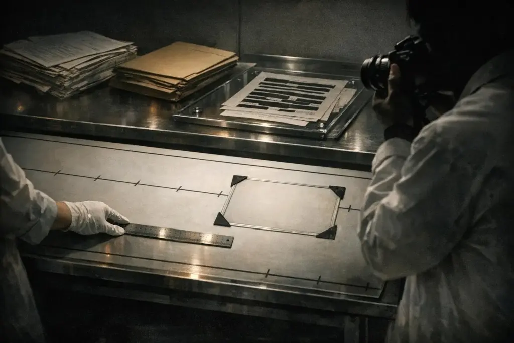 time travel scene with gloved hands, a camera held near a metal table, stacks of paper, and a clear rectangular frame