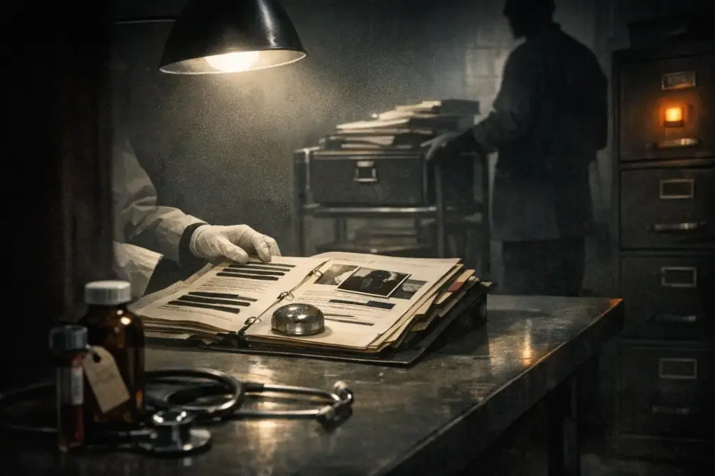 Gloved hands hold an open binder of papers under a lamp, with tuskegee syphilis study shown once.