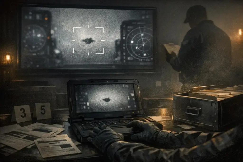 ufo sightings scene with a grainy screen showing a small dark shape, plus a laptop, papers, and gloved hands on a desk