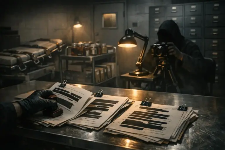 Unethical Human Experiments: Documented Programs and Silent Gaps 4 Gloved hand holds a stamp near papers with black bars; a hooded figure uses a camera on a tripod; unethical human experiments.