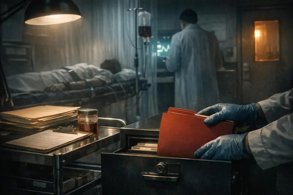 Gloved hands holding a red folder above an open metal drawer, unethical medical trials.