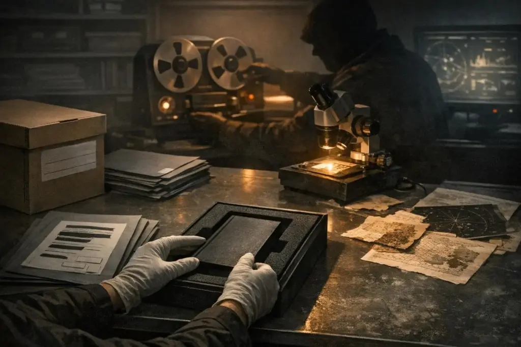 velikovsky theory scene with gloved hands holding a foam insert on a table beside a microscope, papers, a box, and reels in back