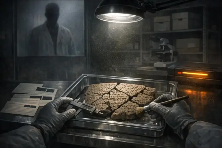 World’s Oldest Language: Between Record and Reconstruction 2 Gloved hands hold a caliper and small brush over a cracked, patterned tablet under a lamp, world most oldest language.