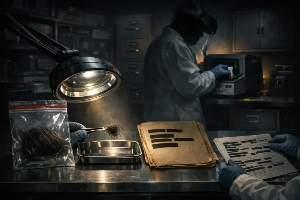 yeti evidence with a desk lamp over a metal tray, a clear bag of dark strands, and papers with black blocks.