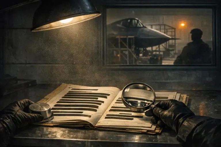 What Is Area 51: Documented Programs and Unresolved Gaps 2 Gloved hands hold a magnifying glass over an open book with black bars, under a lamp; what is area 51 appears once.